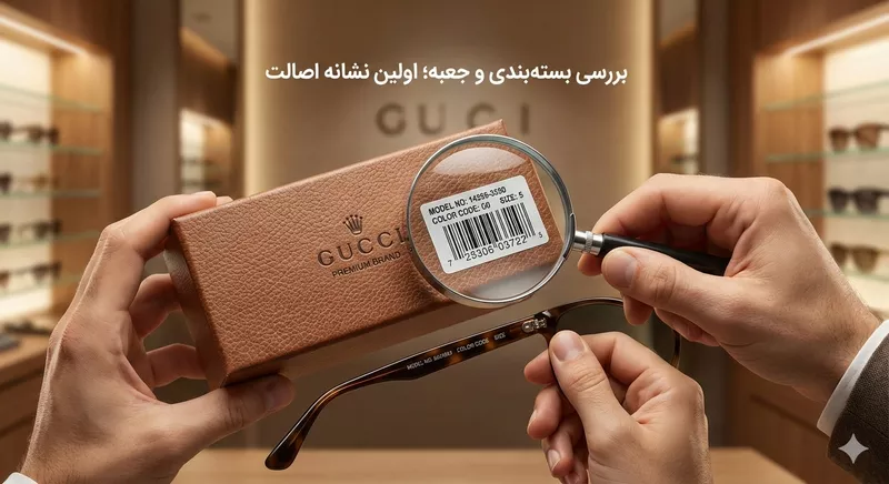 جعبه بسته‌بندی عینک آفتابی اصل در کنار فریم عینک؛ نمایش کیفیت، لوگوی برند و برچسب بارکد برای تأیید اصالت.