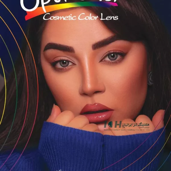 پوستر معرفی لنزهای طبی رنگی اپتی کالر با مدل چشم رنگی و تکنولوژی پلیمر زیست سازگار MPC