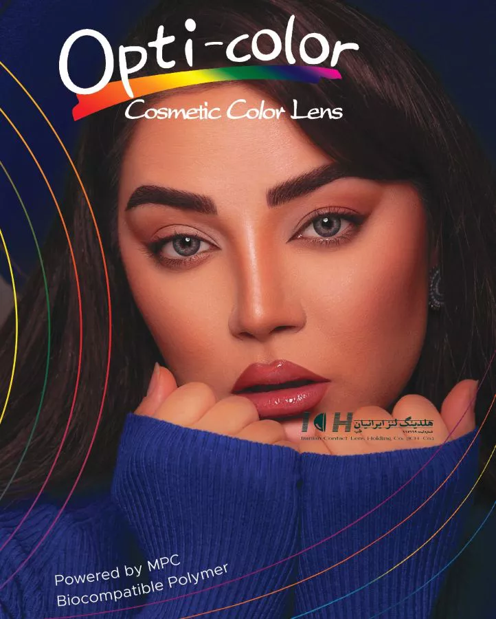 پوستر معرفی لنزهای طبی رنگی اپتی کالر با مدل چشم رنگی و تکنولوژی پلیمر زیست سازگار MPC